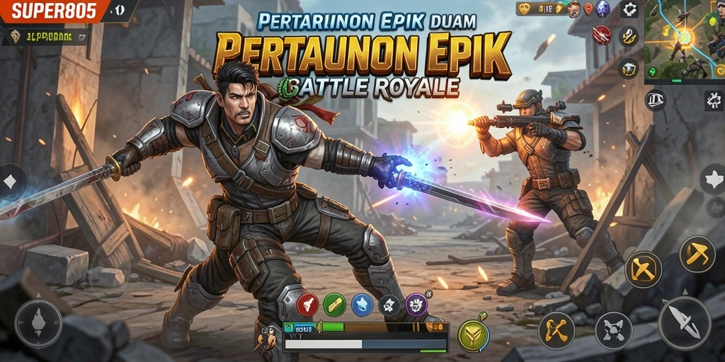Tampilan gameplay SUPER805 saat pertarungan Battle Royale.