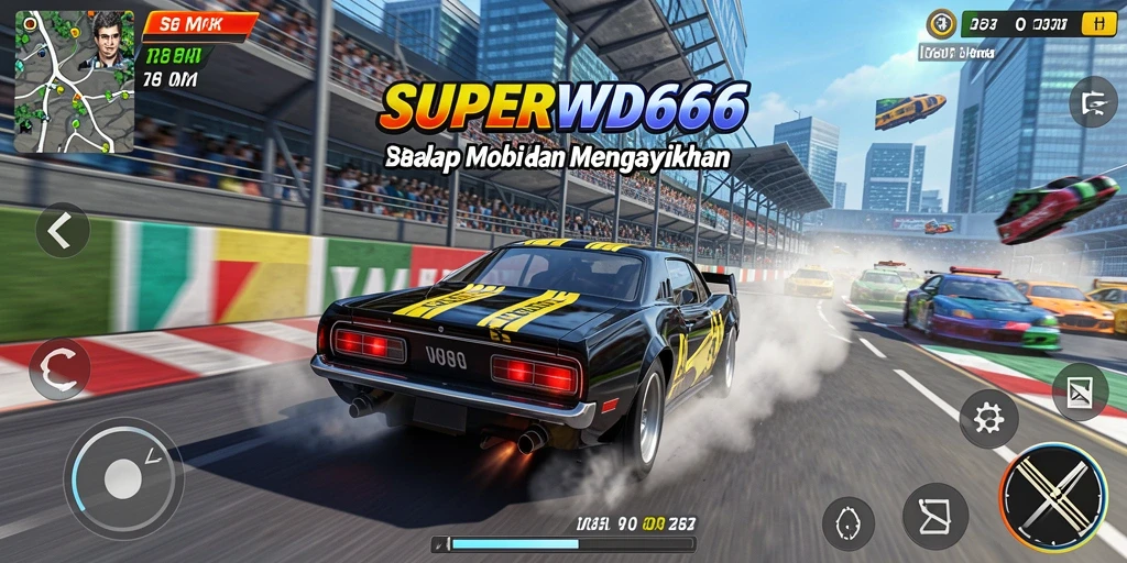 Gameplay SUPERWD666 menampilkan aksi balapan mobil yang cepat dan mendebarkan.